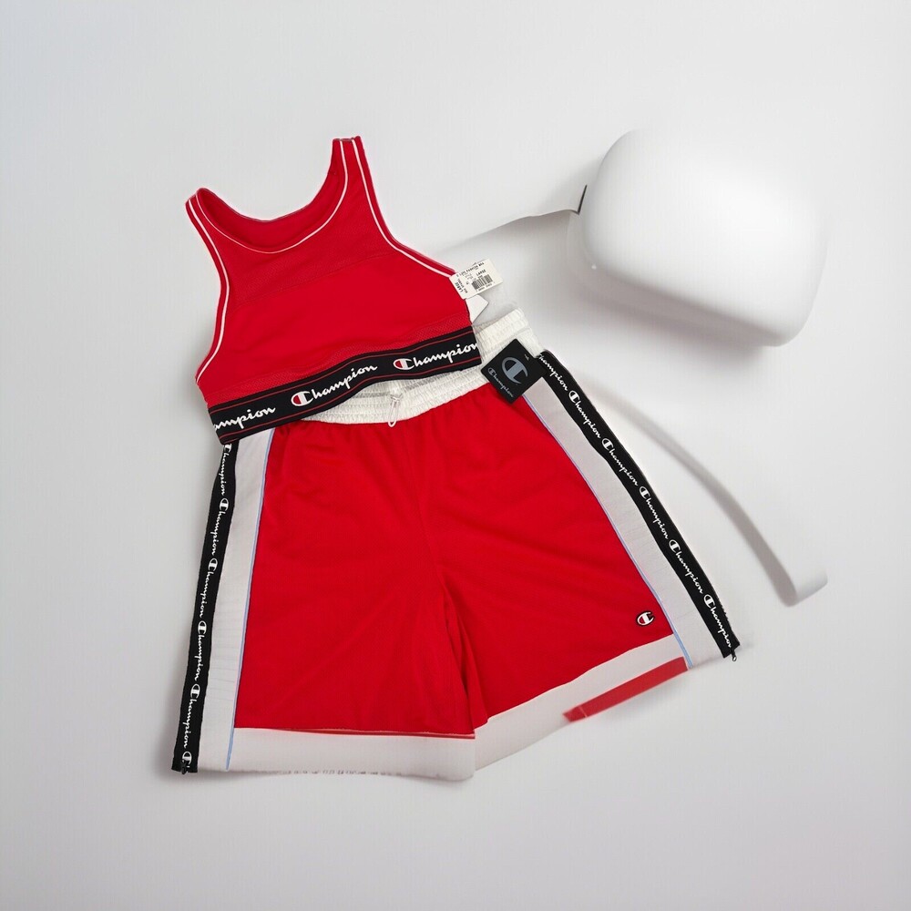 Womens Champion Workout Set Long Shorts And Sports Bra Set Red Size Large New